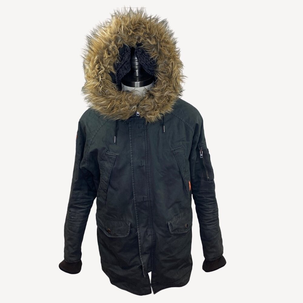 Superdry International Mens Black Military Parka Faux Fur Hood Button Zip Size M
